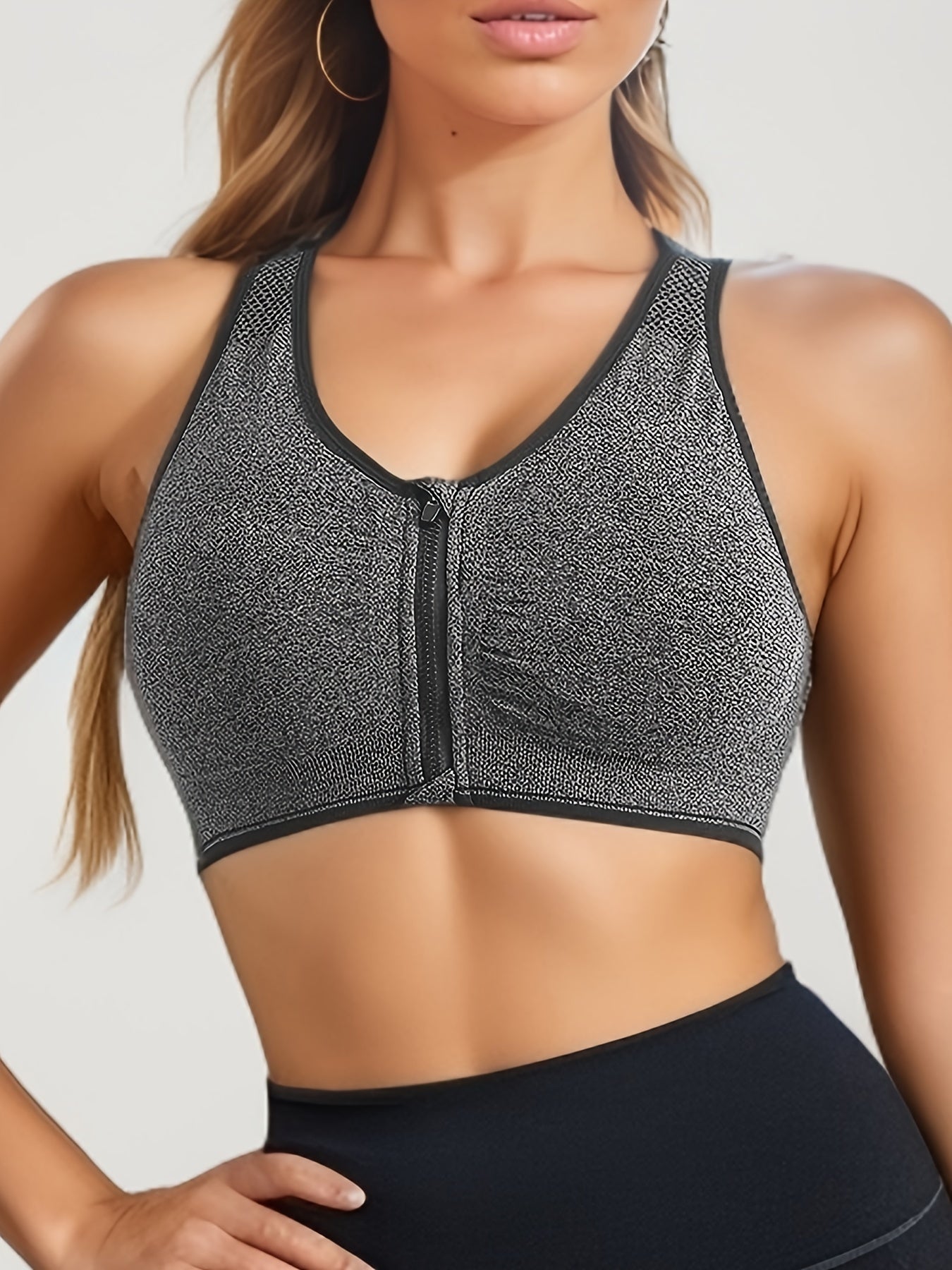 Zipper Wireless Sports Bra, Comfy & Breathable Push Up Shockproof Bra, Women's Lingerie & Underwear.