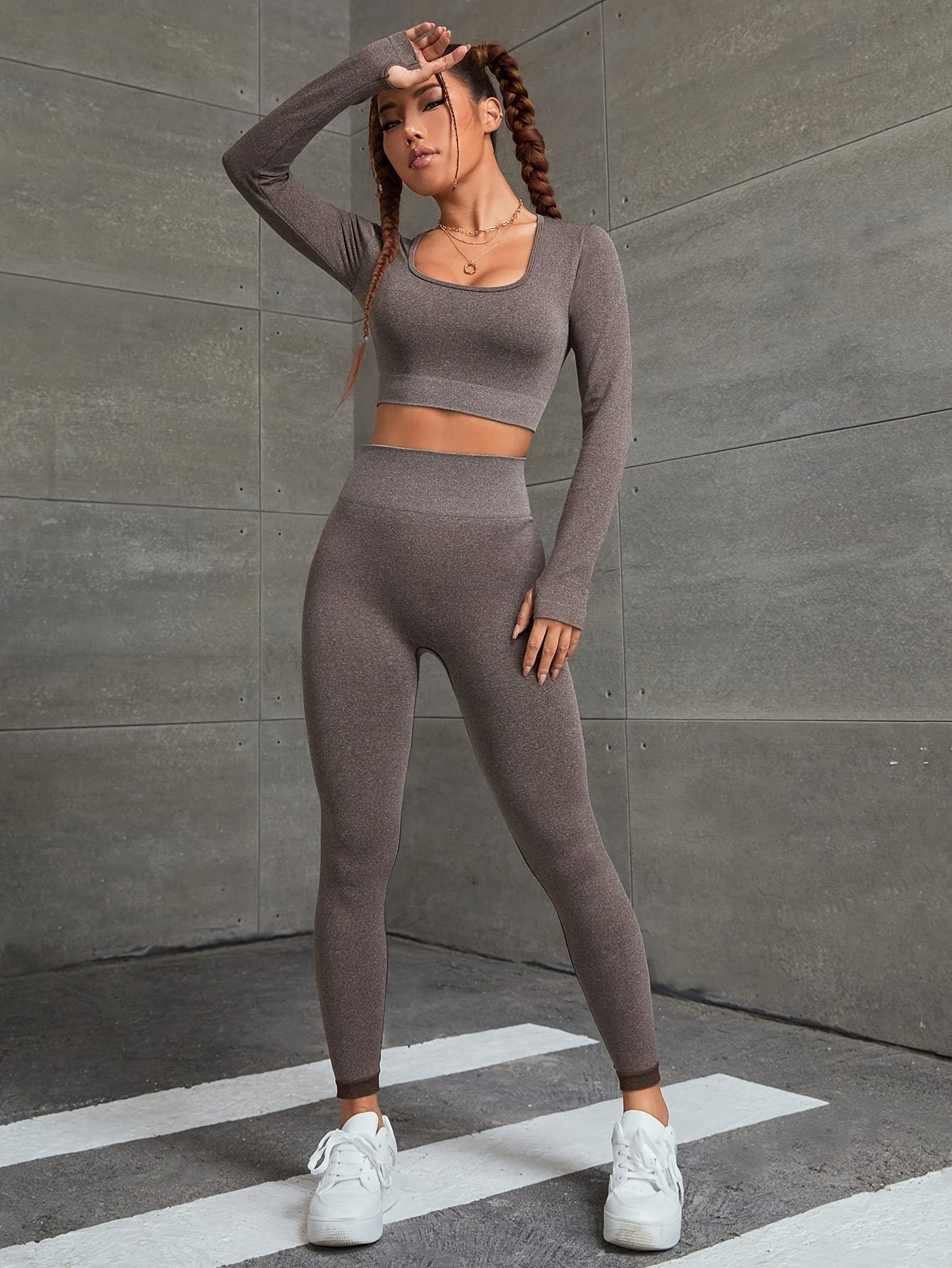 2pcs Yoga Workout Set, Long Sleeve Sports Top & High Stretch Running Leggings, Women's Activewear.