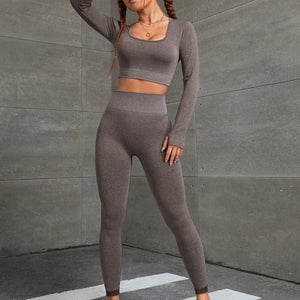 2pcs Yoga Workout Set, Long Sleeve Sports Top & High Stretch Running Leggings, Women's Activewear.