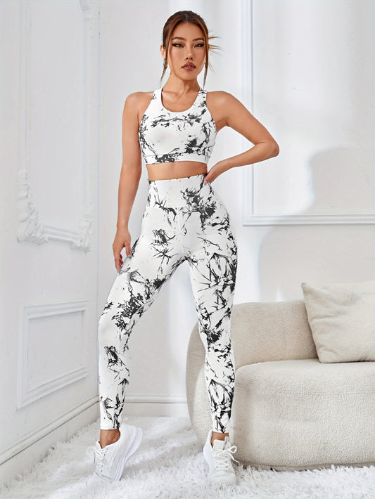 Upgrade Your Workout with Our Marble Abstract Athletic Set - High-Waisted Leggings and Sports Bra for Ultimate Comfort and Style!.