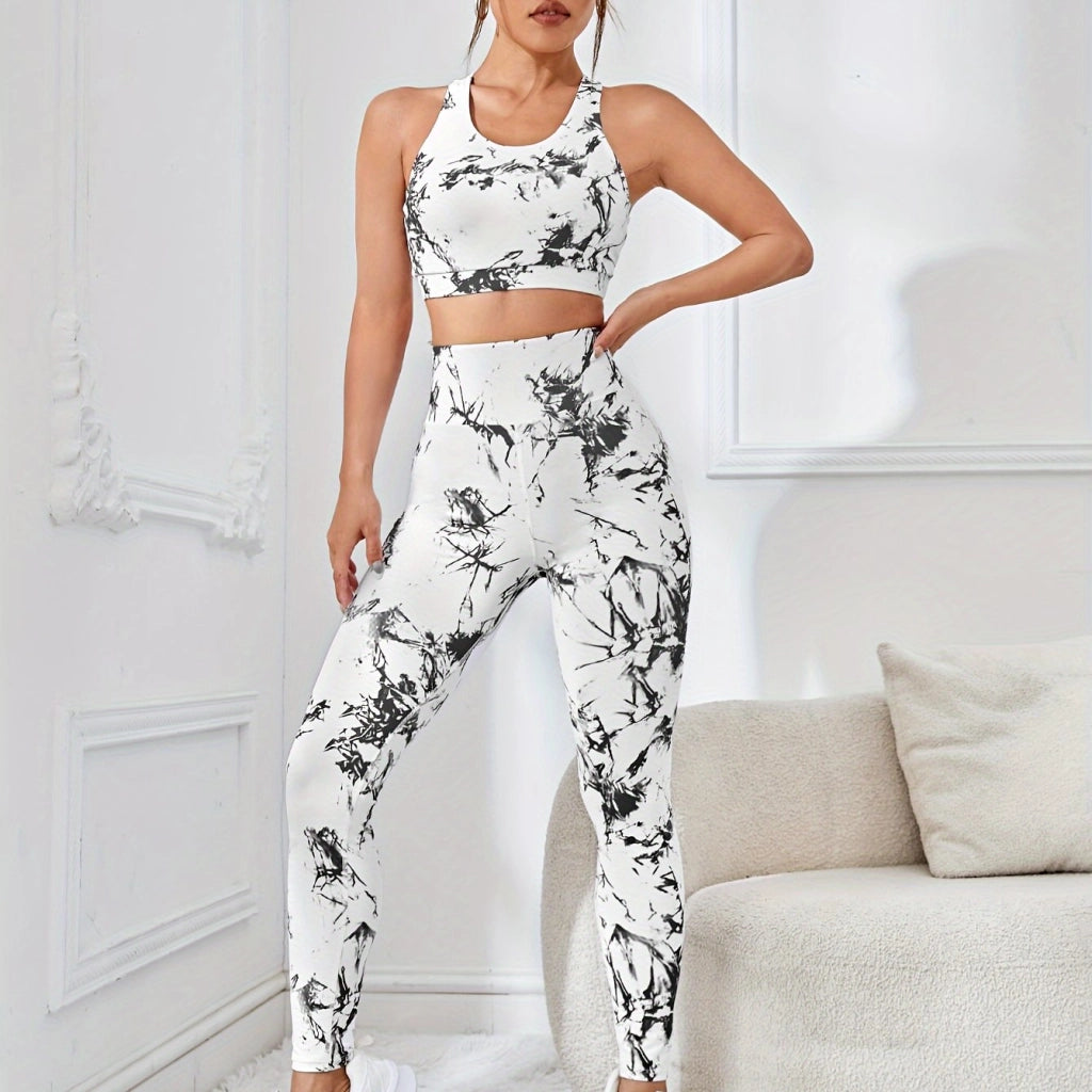 Upgrade Your Workout with Our Marble Abstract Athletic Set - High-Waisted Leggings and Sports Bra for Ultimate Comfort and Style!.