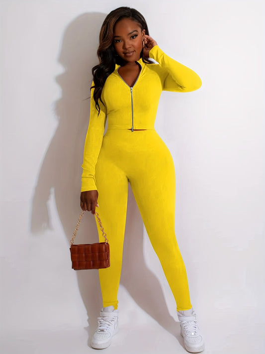 Upgrade Your Wardrobe: Women's Solid Two-Piece Set - Zip-Up Outerwear & High Waist Workout Pants.