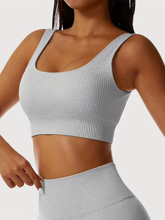 Yoga Sports Suit For 2 Pieces, Solid High Stretch Breathable Sports Set, Square Neck Cropped Sports Bra & High Waist Leggings, Women's Activewear.