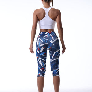 Allover Print Workout Yoga Tight Capri Pants, Stretchy Fitness Running Sports Capri Leggings, Women's Activewear.