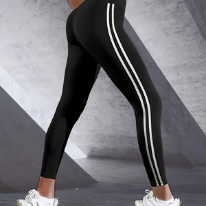 Women's High-waist Slimming Leggings, Side Stripe Pattern, Breathable Yoga Pants, Sportswear, Athletic Apparel.