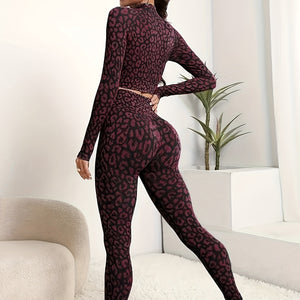 Women's Leopard Print Yoga Suit, 2-Piece Athletic Set, High Waist Leggings and Crop Top, Stretchy Sportswear, Quick-Dry Fitness Outfit, Gym Activewear Set.