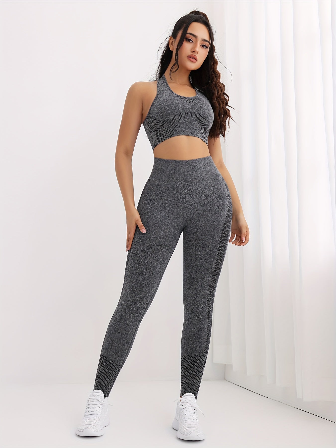 2Pcs Slim Fit Yoga Set, Round Neck Racer Back Crop Top & Seamless Fitness Pant Sports Suit, Women's Activewear.