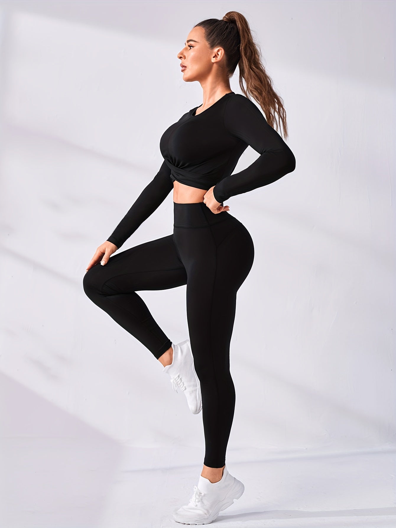 2 Pieces Long Sleeve Yoga Pilates Sports Suits Quick Dry Stretchy Slim Fit Tracksuit Running Workout Breathable Training Wear.