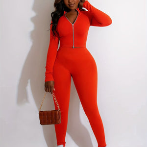 Upgrade Your Wardrobe: Women's Solid Two-Piece Set - Zip-Up Outerwear & High Waist Workout Pants.