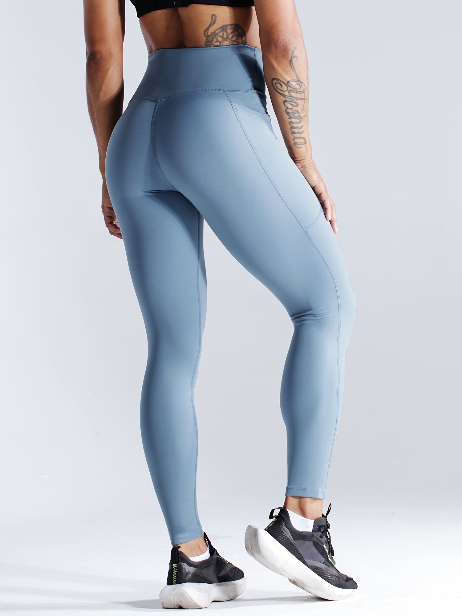 Solid Side Pockets Running Cropped Pants, High Waist Fashion Butt-lifting Yoga Fitness Workout Breathable Sports Leggings, Women's Activewear.