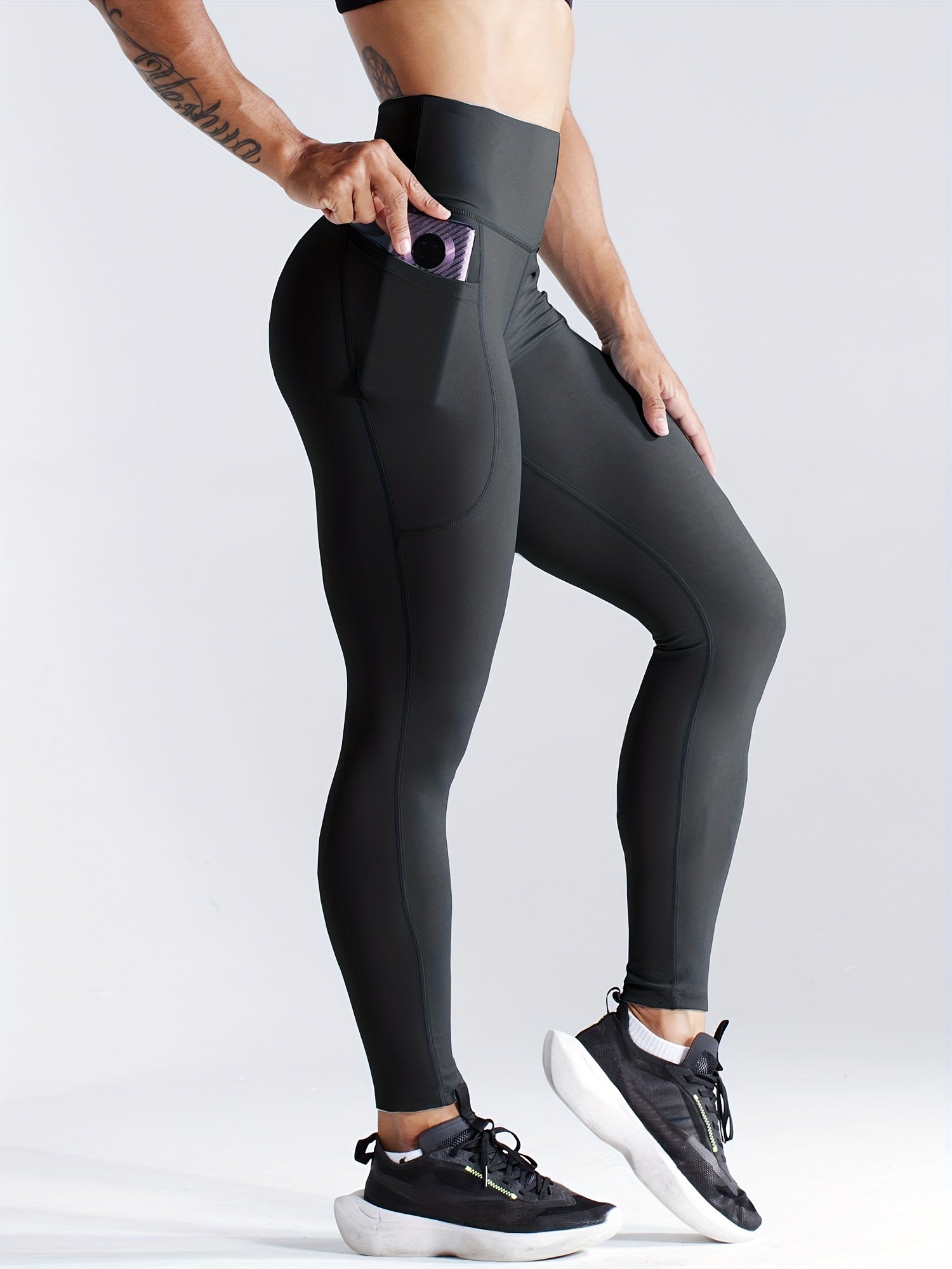 Solid Side Pockets Running Cropped Pants, High Waist Fashion Butt-lifting Yoga Fitness Workout Breathable Sports Leggings, Women's Activewear.