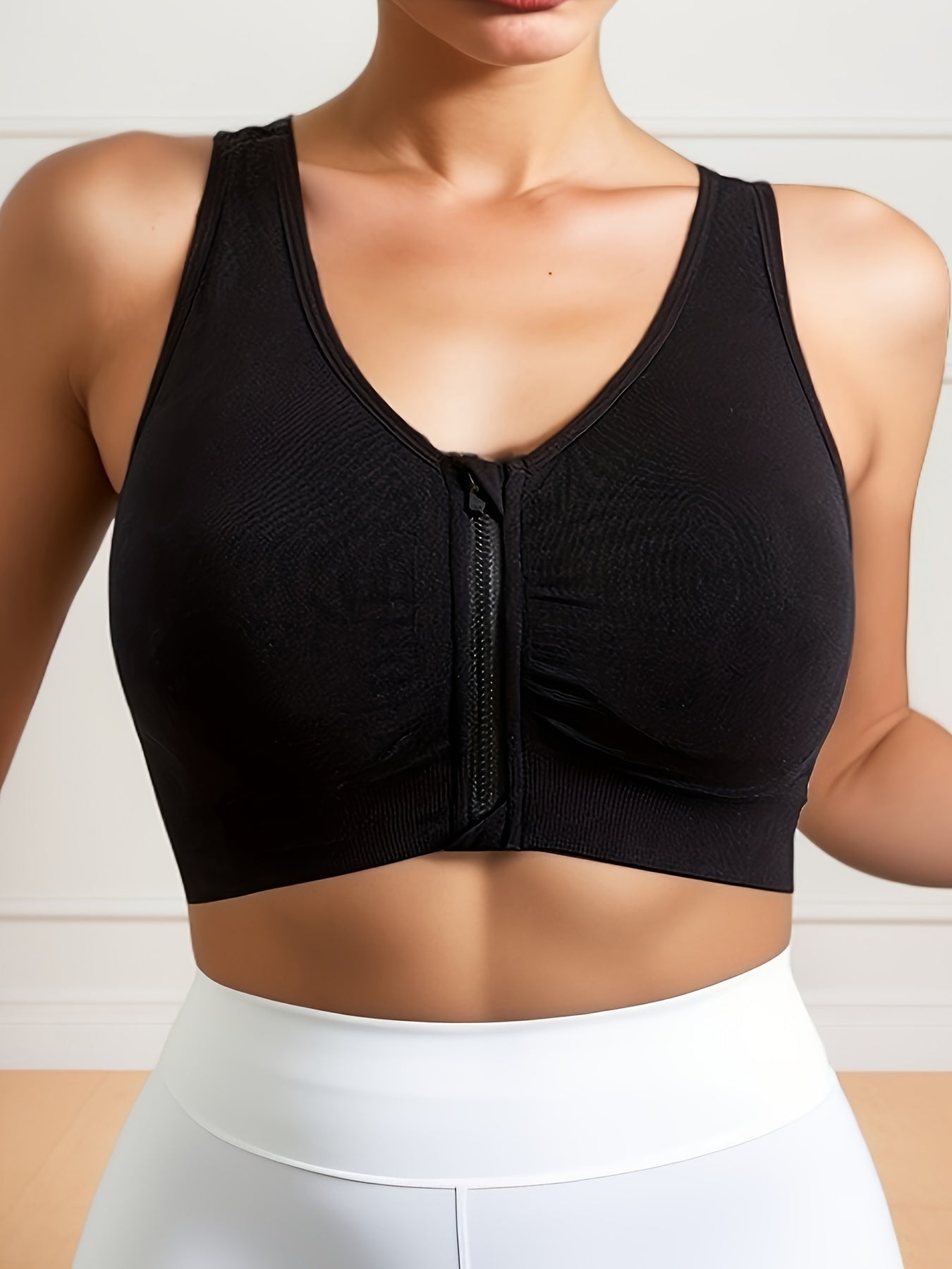 Zipper Wireless Sports Bra, Comfy & Breathable Push Up Shockproof Bra, Women's Lingerie & Underwear.