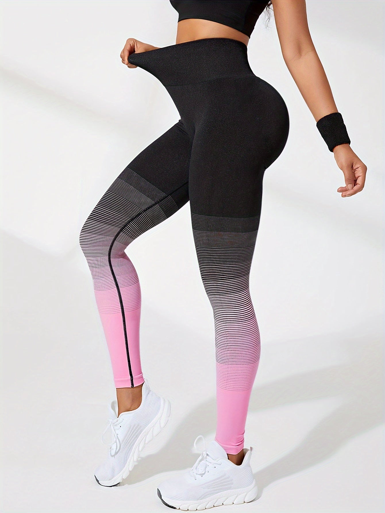 Women's Gradient Stripe Yoga Pants, Running Fitness Moisture-wicking Quick-dry High Elasticity Waistband, Sport Style Leggings.