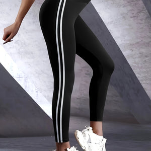 Women's High-waist Slimming Leggings, Side Stripe Pattern, Breathable Yoga Pants, Sportswear, Athletic Apparel.