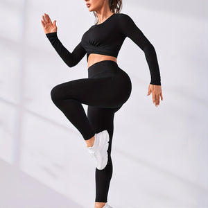 2 Pieces Long Sleeve Yoga Pilates Sports Suits Quick Dry Stretchy Slim Fit Tracksuit Running Workout Breathable Training Wear.