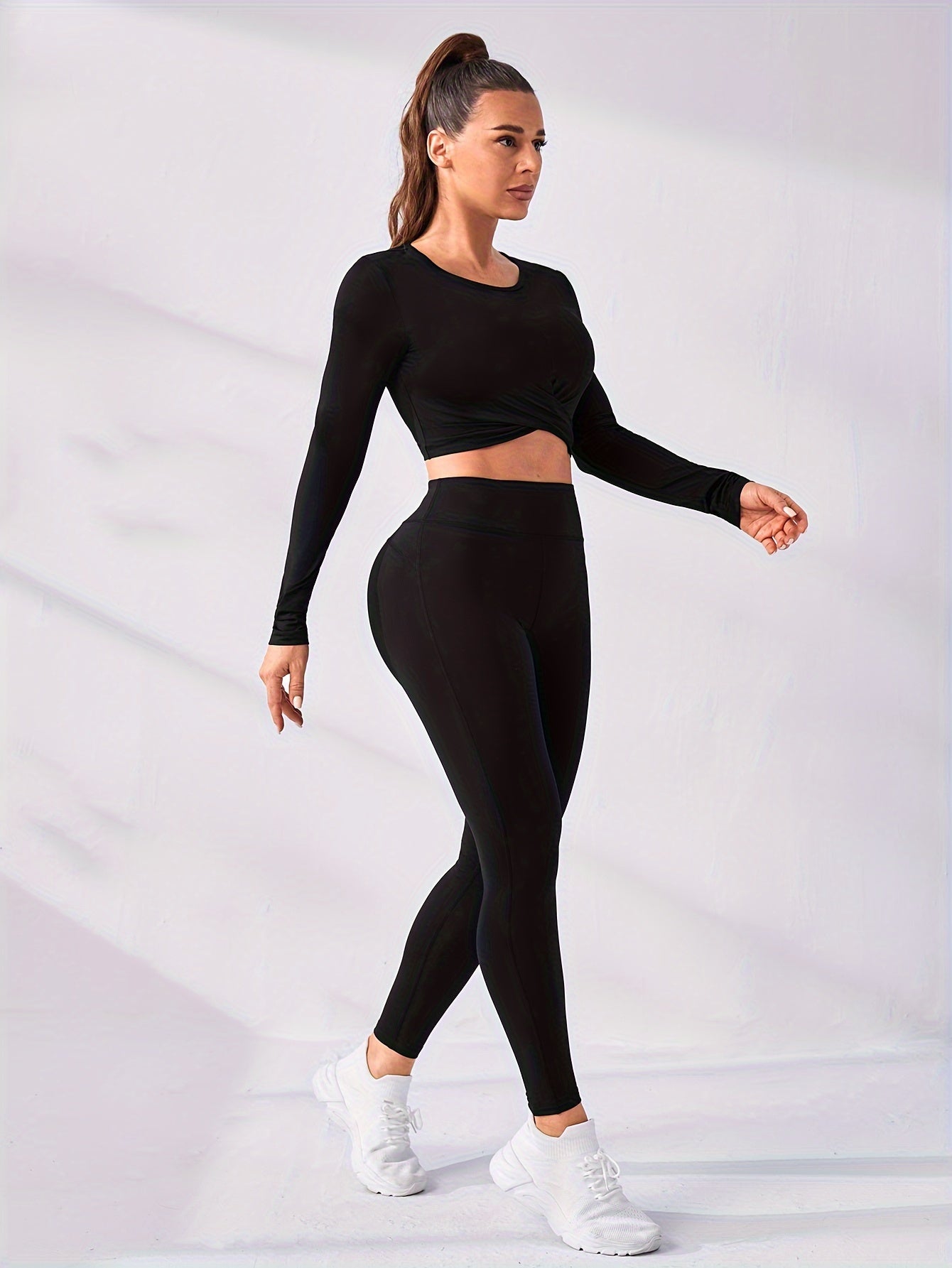 2 Pieces Long Sleeve Yoga Pilates Sports Suits Quick Dry Stretchy Slim Fit Tracksuit Running Workout Breathable Training Wear.