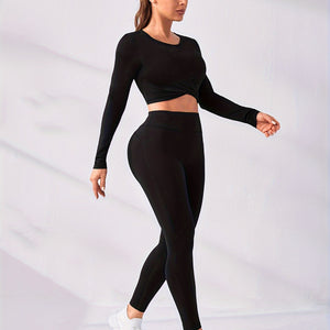 2 Pieces Long Sleeve Yoga Pilates Sports Suits Quick Dry Stretchy Slim Fit Tracksuit Running Workout Breathable Training Wear.