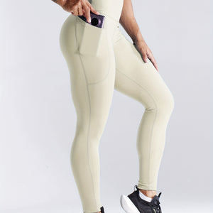 Solid Side Pockets Running Cropped Pants, High Waist Fashion Butt-lifting Yoga Fitness Workout Breathable Sports Leggings, Women's Activewear.