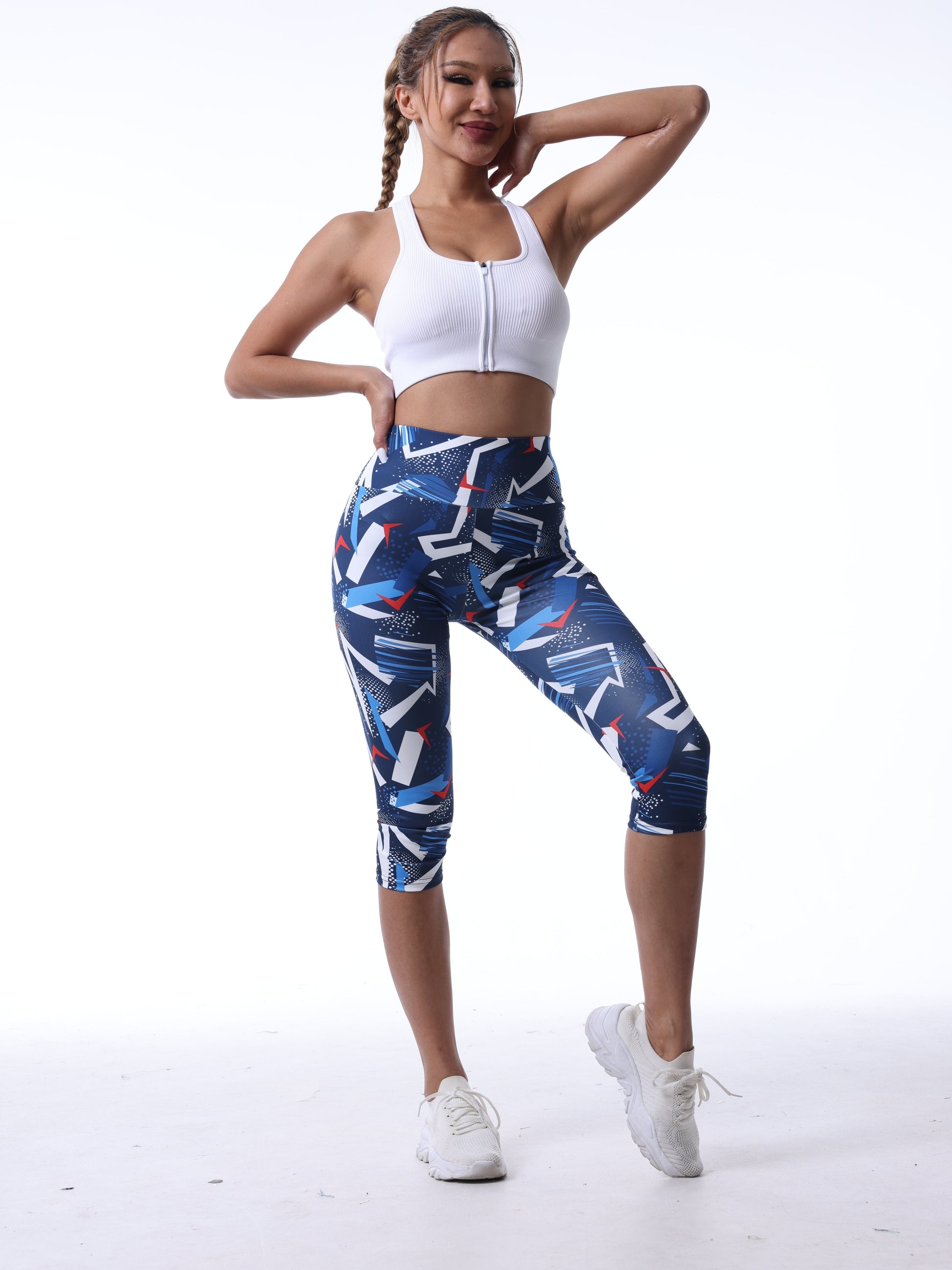 Allover Print Workout Yoga Tight Capri Pants, Stretchy Fitness Running Sports Capri Leggings, Women's Activewear.