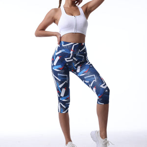 Allover Print Workout Yoga Tight Capri Pants, Stretchy Fitness Running Sports Capri Leggings, Women's Activewear.