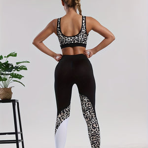 Women's 2-Piece Sportswear Set, Leopard Print and Black, High-Waisted Leggings and Sports Bra, Quick-Dry Athletic Wear for Gym and Yoga.