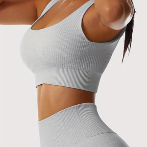 Yoga Sports Suit For 2 Pieces, Solid High Stretch Breathable Sports Set, Square Neck Cropped Sports Bra & High Waist Leggings, Women's Activewear.