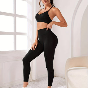 Seamless Sports 2-piece Set, High-stretch Yoga Sports Suit, Cross-Back Padded Bra & Tummy Control Butt Lift Leggings, Athletic Style, Gym Wear, Fitness Outfit, Activewear Set.