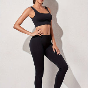 Yoga Sports Suit For 2 Pieces, Solid High Stretch Breathable Sports Set, Square Neck Cropped Sports Bra & High Waist Leggings, Women's Activewear.