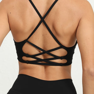 Women's Yoga Sports Bra, Cross-Back Strappy Design, Fitness Running Pilates Top, Athletic Gym Wear, Breathable Moisture-Wicking Fabric.