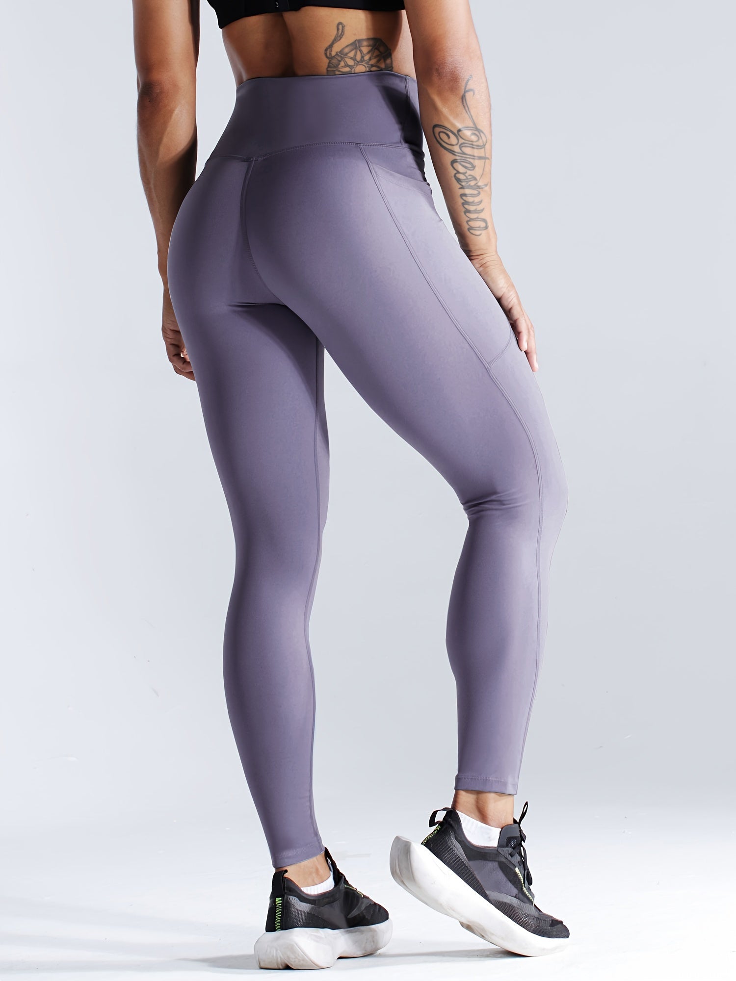 Solid Side Pockets Running Cropped Pants, High Waist Fashion Butt-lifting Yoga Fitness Workout Breathable Sports Leggings, Women's Activewear.