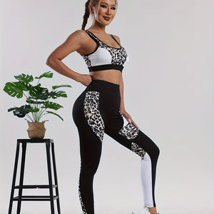 Women's 2-Piece Sportswear Set, Leopard Print and Black, High-Waisted Leggings and Sports Bra, Quick-Dry Athletic Wear for Gym and Yoga.