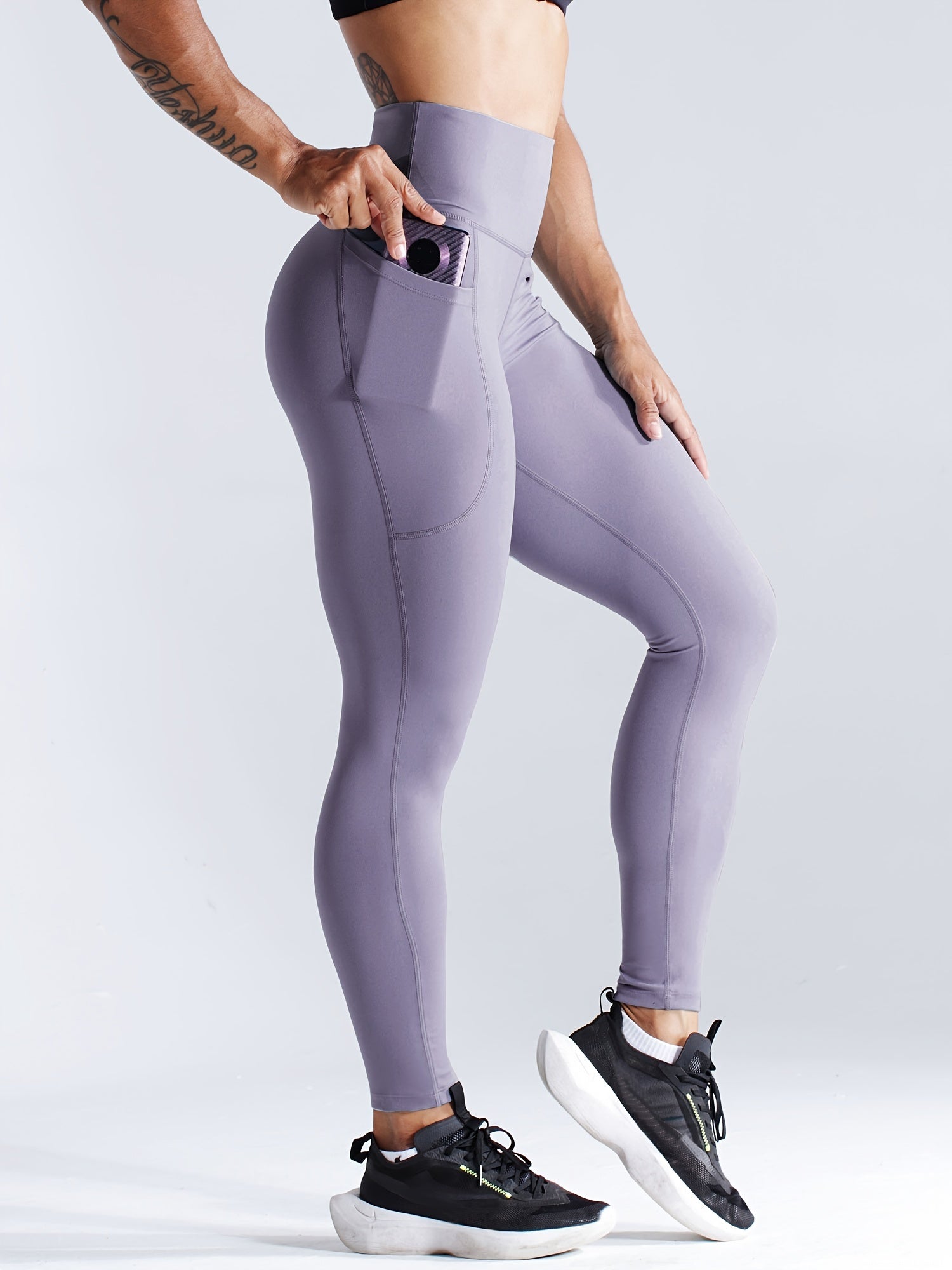 Solid Side Pockets Running Cropped Pants, High Waist Fashion Butt-lifting Yoga Fitness Workout Breathable Sports Leggings, Women's Activewear.