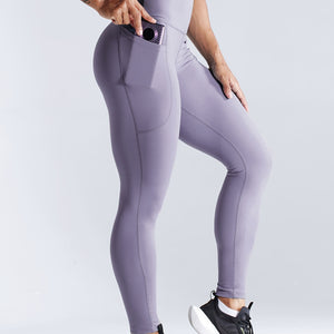 Solid Side Pockets Running Cropped Pants, High Waist Fashion Butt-lifting Yoga Fitness Workout Breathable Sports Leggings, Women's Activewear.