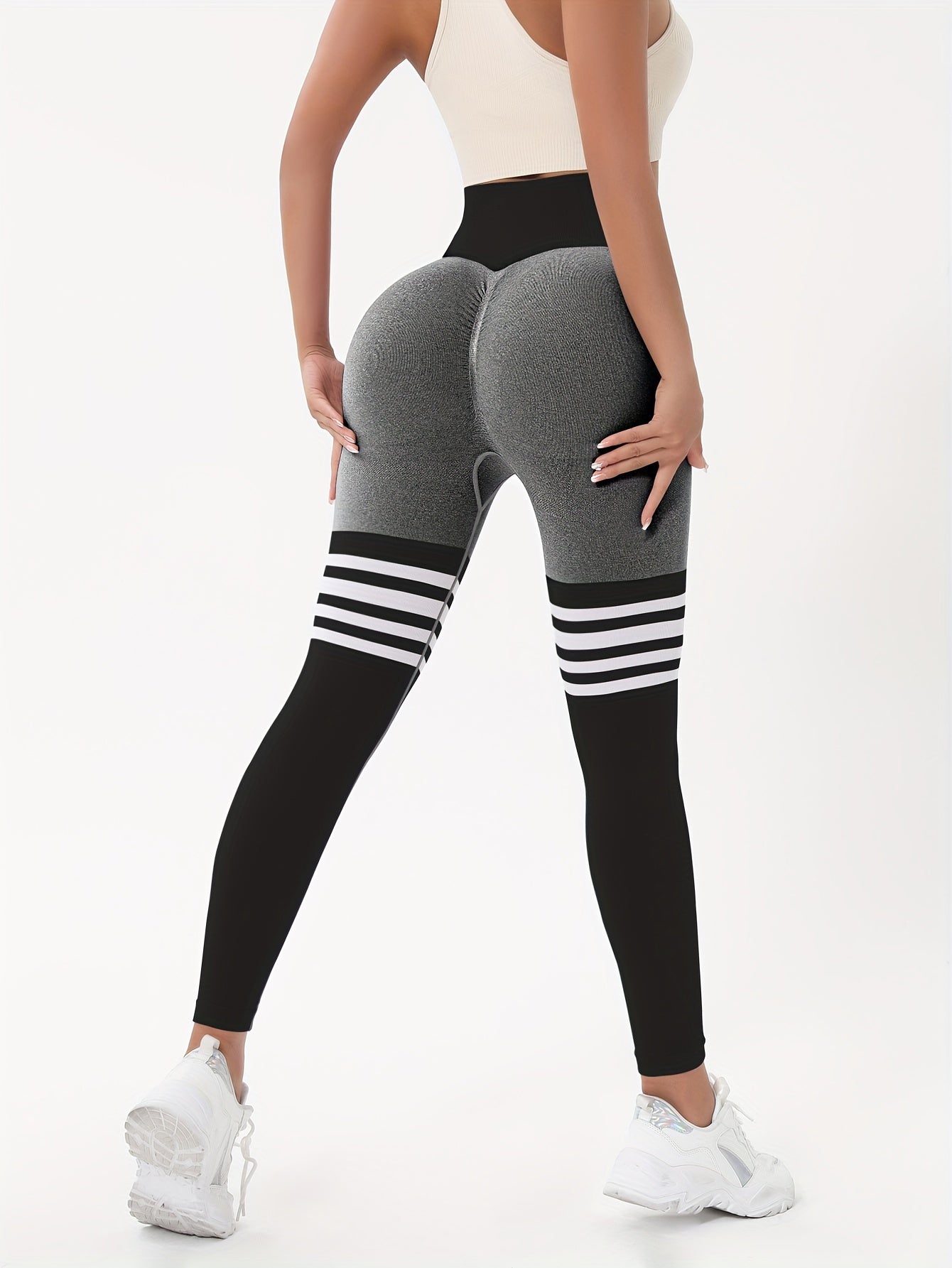 Striped Print Seamless Yoga Leggings, High Waist Butt Lifting Stretchy Slimming Yoga Pants, Women's Activewear.