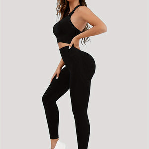 2pcs Yoga Workout Set, Lace-up Halter Neck Sports Bra & High Stretch Running Sports Leggings Suit, Women's Activewear.