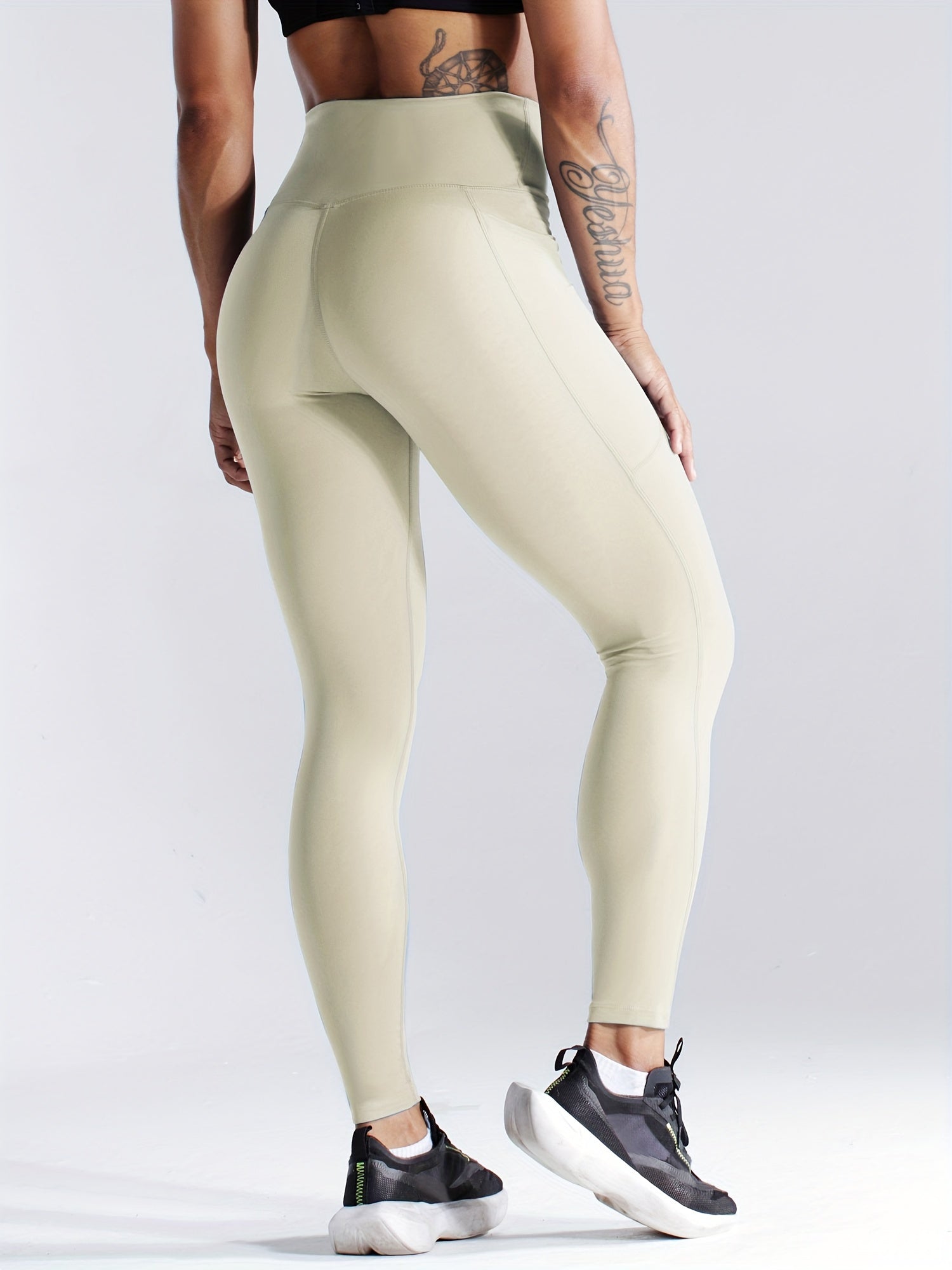 Solid Side Pockets Running Cropped Pants, High Waist Fashion Butt-lifting Yoga Fitness Workout Breathable Sports Leggings, Women's Activewear.