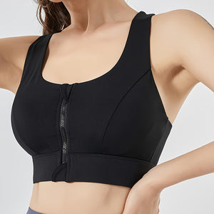 Zipper Front Shockproof Sports Bra, High Strength Integrated Fixed Cup Hollow Yoga Bra, Women's Activewear.