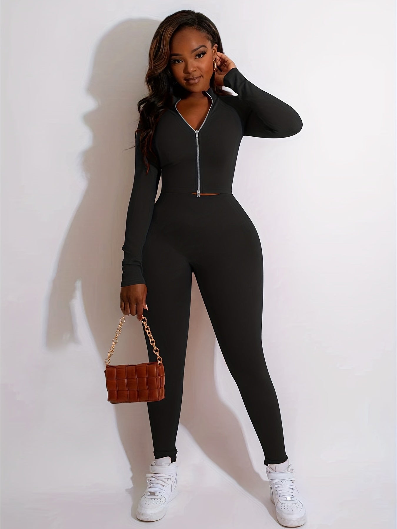 Upgrade Your Wardrobe: Women's Solid Two-Piece Set - Zip-Up Outerwear & High Waist Workout Pants.