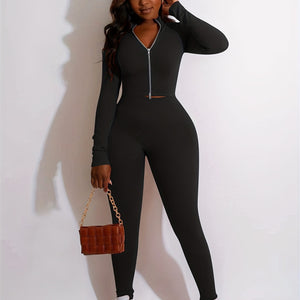 Upgrade Your Wardrobe: Women's Solid Two-Piece Set - Zip-Up Outerwear & High Waist Workout Pants.