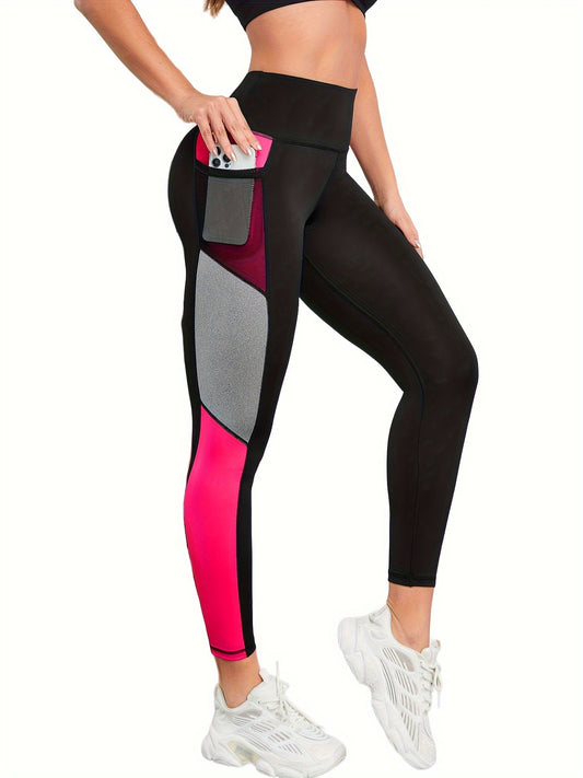 Women's High-Waist Color Block Yoga Pants, Slim Fit Butt Lifting Athletic Leggings With Mesh Pocket, Breathable Quick-Dry Running Tights For Workout And Dance.