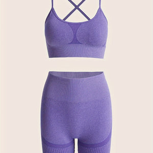 Women's 2-Piece Workout Set, Sports Bra And Shorts, Cross-Back, Moisture-Wicking, Stretch-Fit Gym Wear.