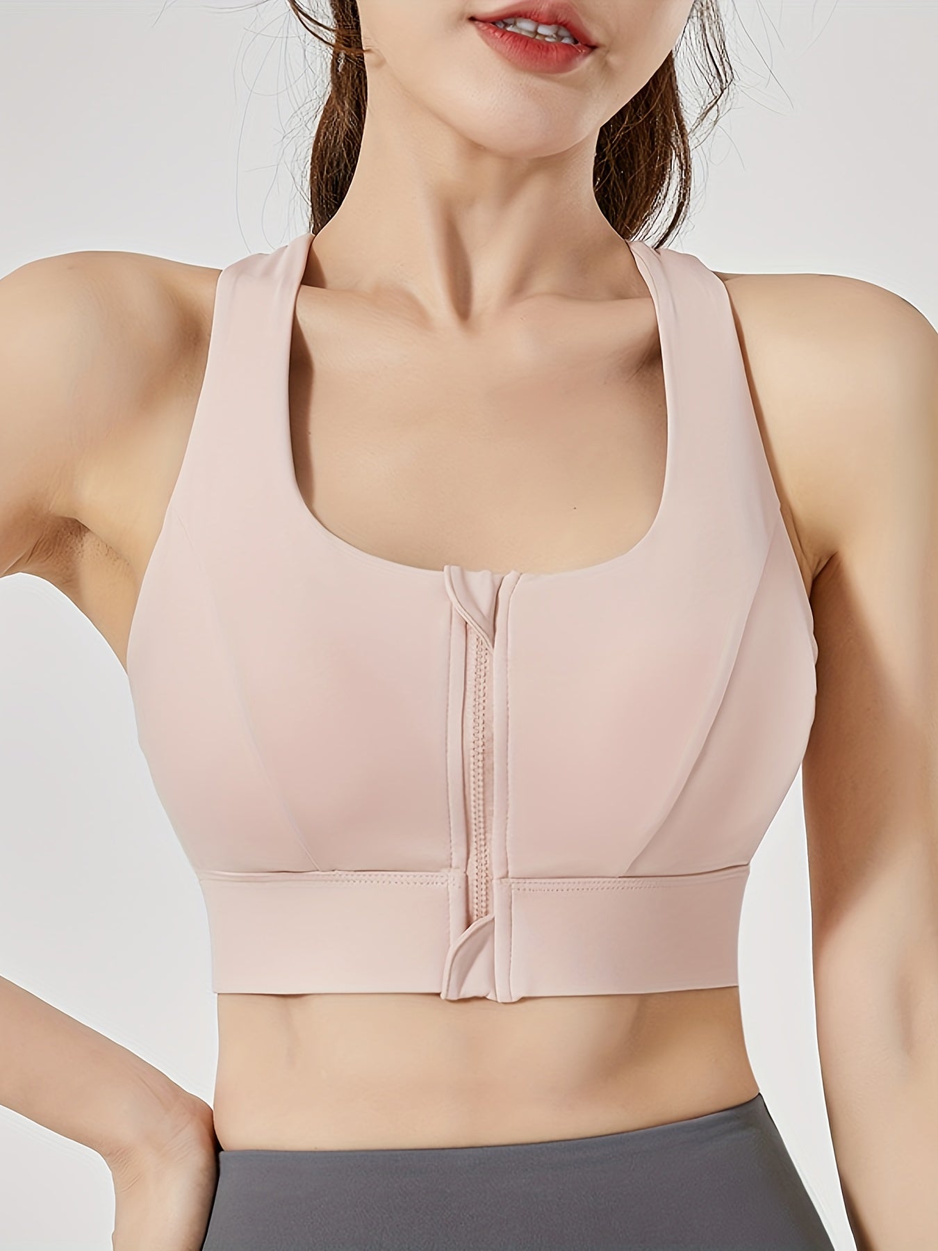 Zipper Front Shockproof Sports Bra, High Strength Integrated Fixed Cup Hollow Yoga Bra, Women's Activewear.