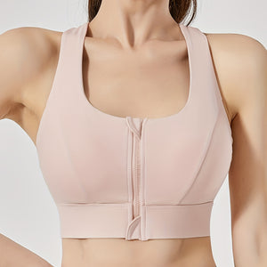 Zipper Front Shockproof Sports Bra, High Strength Integrated Fixed Cup Hollow Yoga Bra, Women's Activewear.