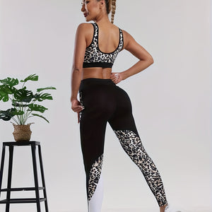 Women's 2-Piece Sportswear Set, Leopard Print and Black, High-Waisted Leggings and Sports Bra, Quick-Dry Athletic Wear for Gym and Yoga.