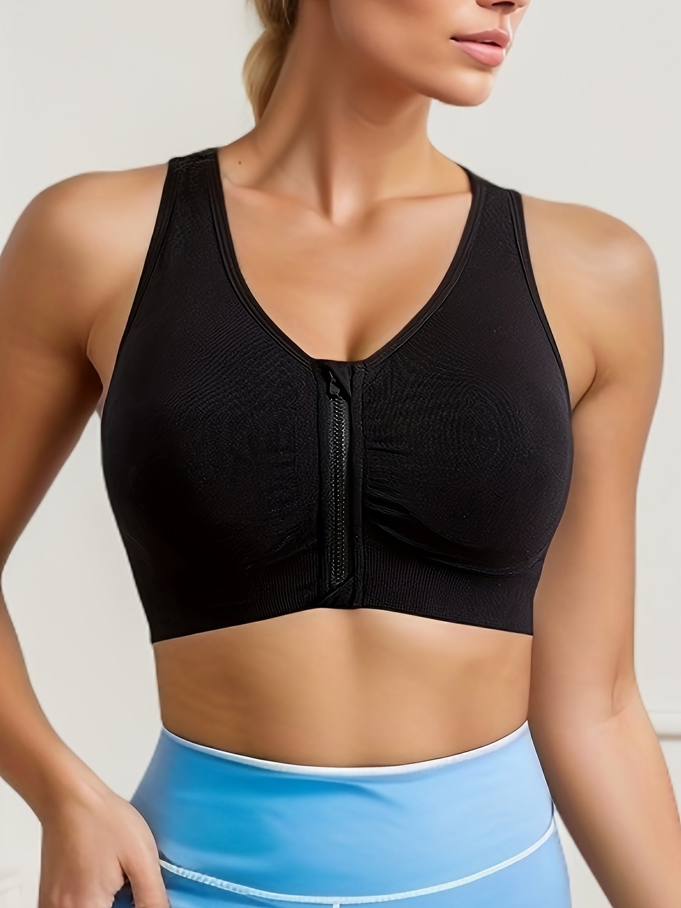 Zipper Wireless Sports Bra, Comfy & Breathable Push Up Shockproof Bra, Women's Lingerie & Underwear.