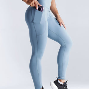 Solid Side Pockets Running Cropped Pants, High Waist Fashion Butt-lifting Yoga Fitness Workout Breathable Sports Leggings, Women's Activewear.