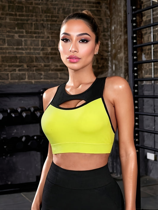 Women's Sports Bra, Color Block Hollow Out Front, Racerback Fitness Yoga Top, Comfort Fit Gym Wear.