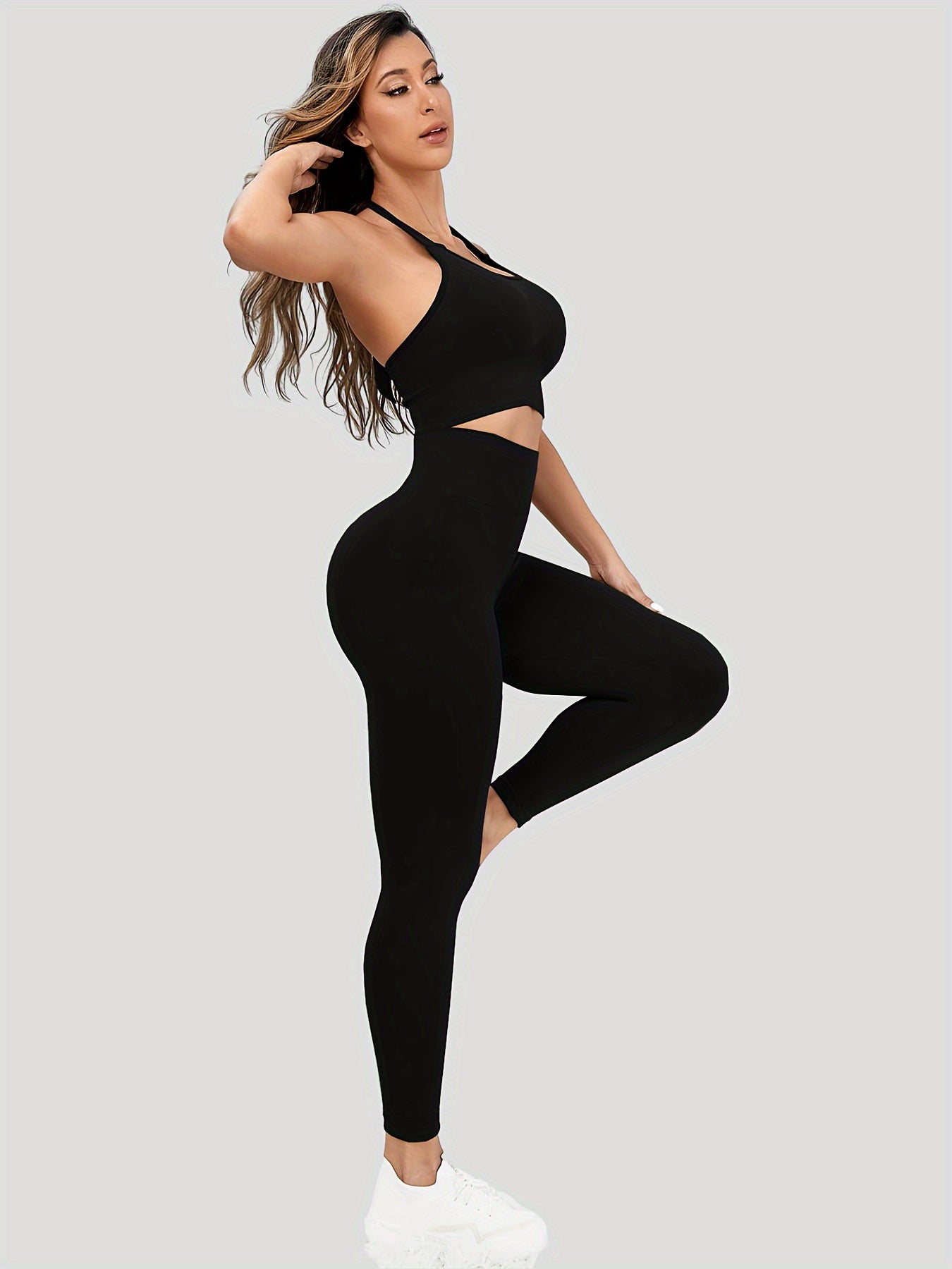 2pcs Yoga Workout Set, Lace-up Halter Neck Sports Bra & High Stretch Running Sports Leggings Suit, Women's Activewear.