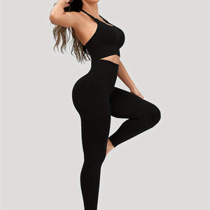 2pcs Yoga Workout Set, Lace-up Halter Neck Sports Bra & High Stretch Running Sports Leggings Suit, Women's Activewear.