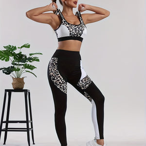 Women's 2-Piece Sportswear Set, Leopard Print and Black, High-Waisted Leggings and Sports Bra, Quick-Dry Athletic Wear for Gym and Yoga.